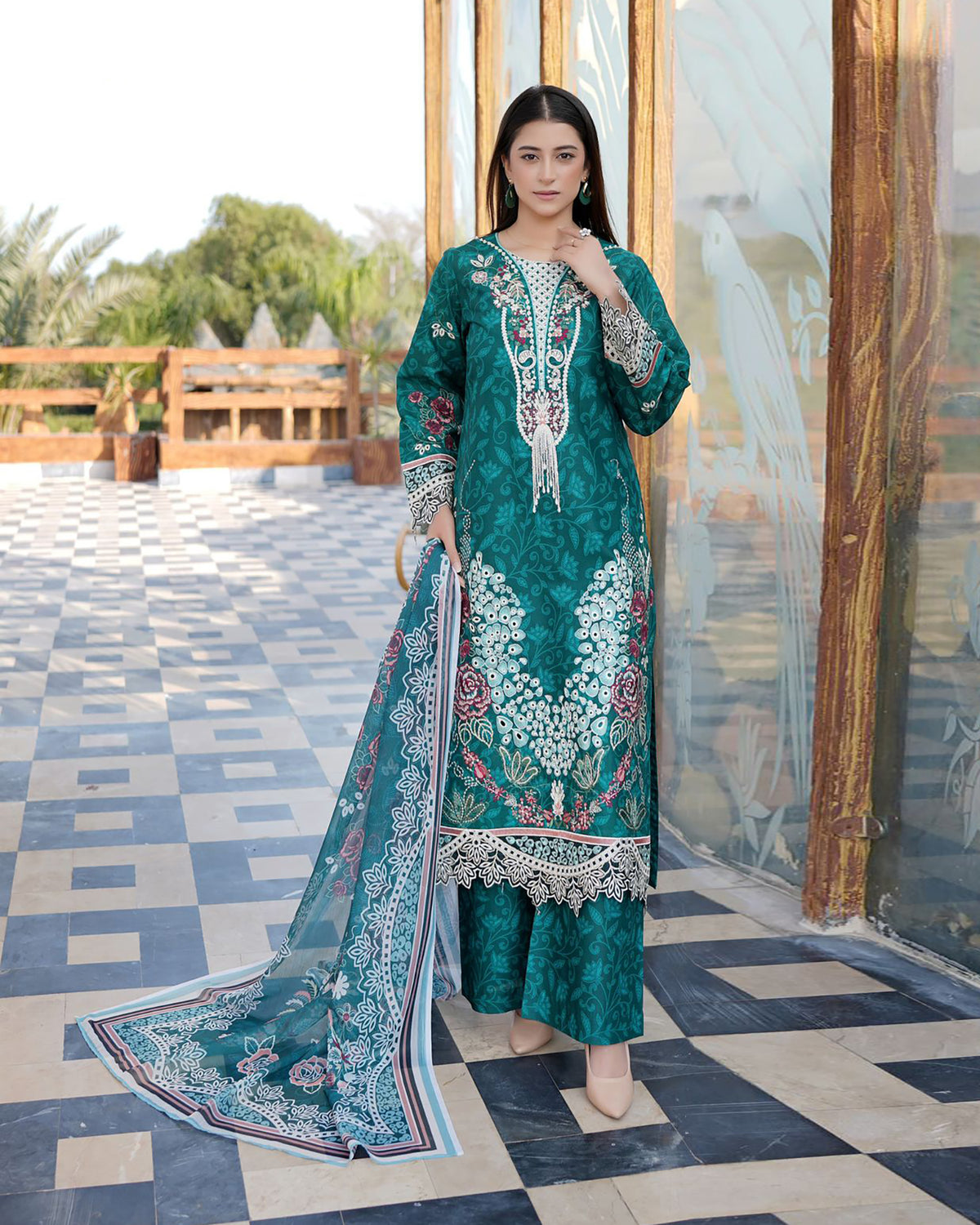 Designer Three Pieces | Embroidered-Mahay | Premium Printed Lawn