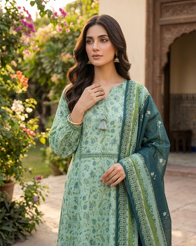 Printed Three Piece | Desginer Long Frock - Areej Casual | Premium Lawn