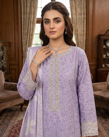 Designer Three Piece | Embroidered-Laaj | Premium Lawn Cotton