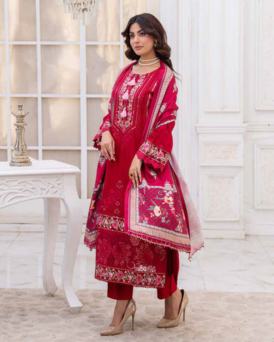 Designer Three Piece | Embroidered - Sadaf | Luxury Dhanak