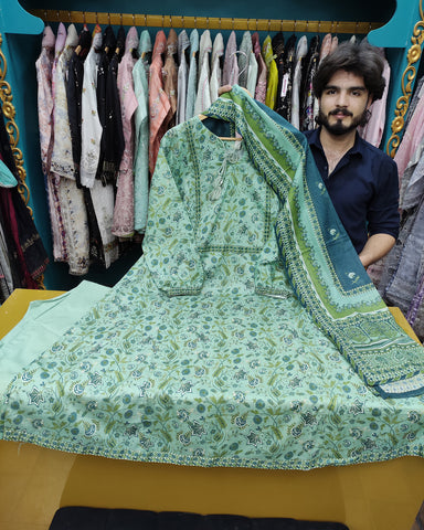 Printed Three Piece | Desginer Long Frock - Areej Casual | Premium Lawn