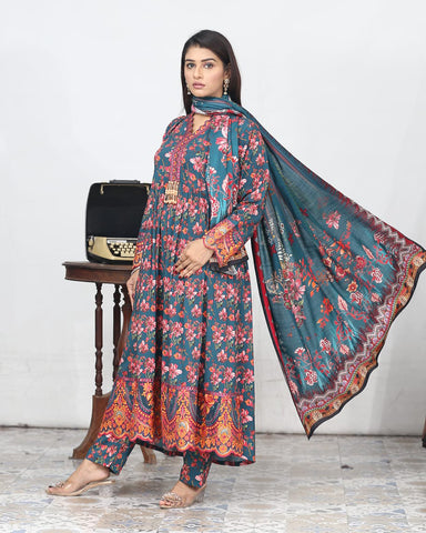 Designer Embroidered Three Piece Maxi/ Frock | Floral Printed | Bana Dora Marina