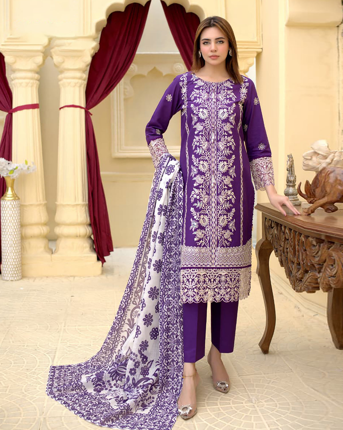 Designer Three Piece | Rangni Embroidered Series | Self Winter Cotton