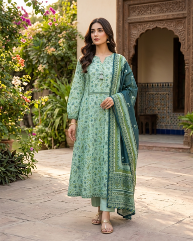 Printed Three Piece | Desginer Long Frock - Areej Casual | Premium Lawn