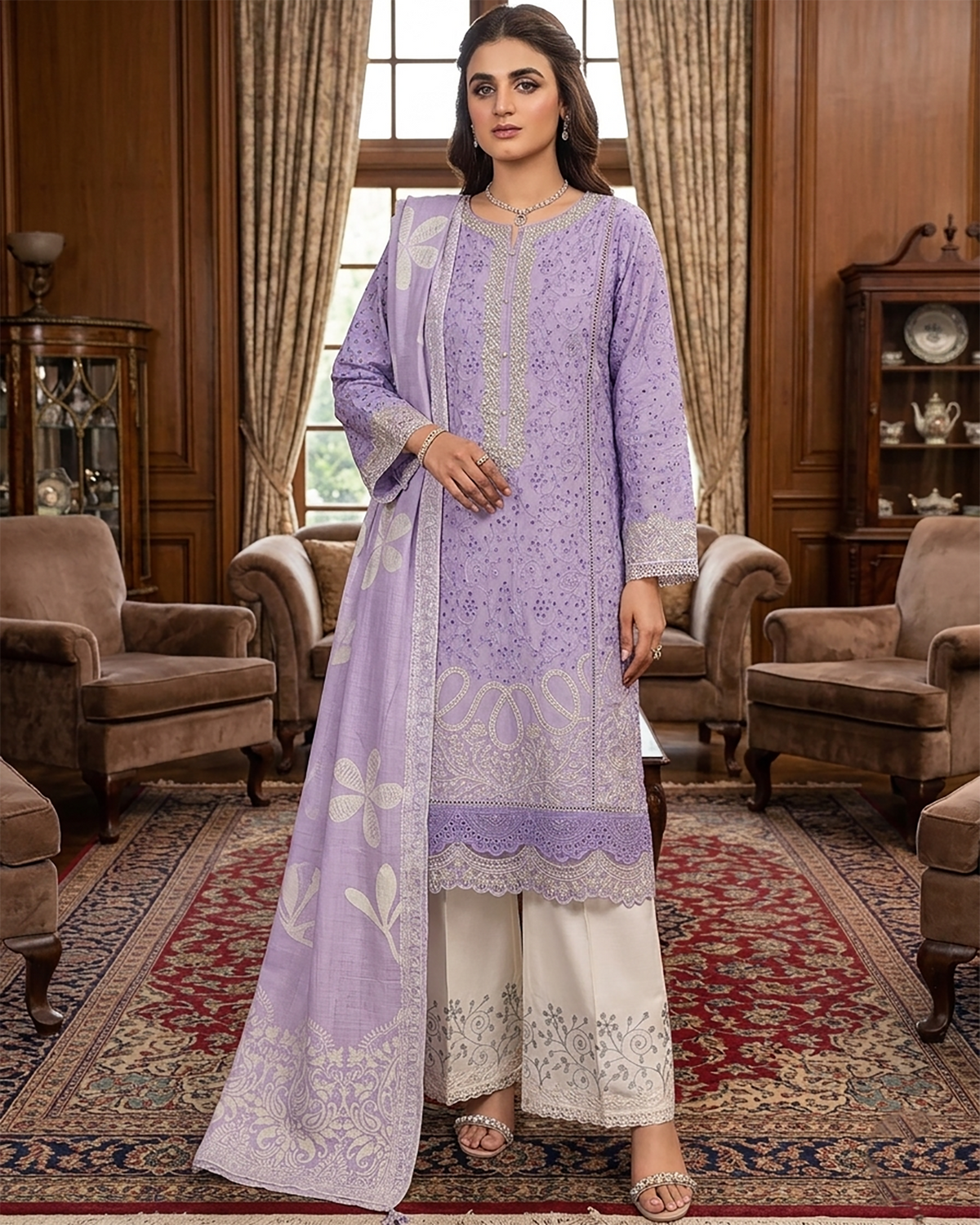 Designer Three Piece | Embroidered-Laaj | Premium Lawn Cotton