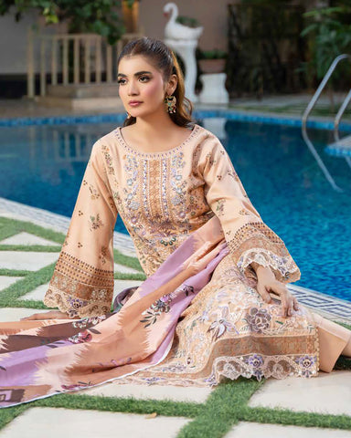 Designer Three Piece | Embroidered - Zouq 2 | Luxury Dhanak
