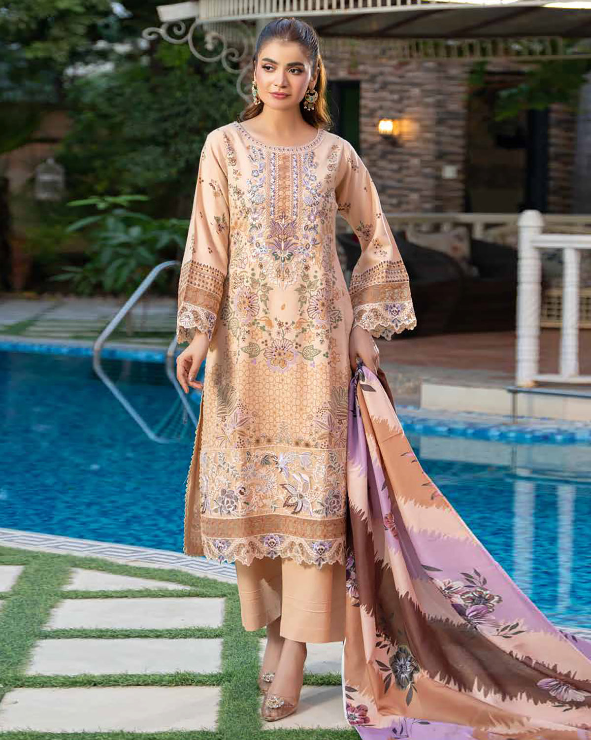 Designer Three Piece | Embroidered - Zouq 2 | Luxury Dhanak