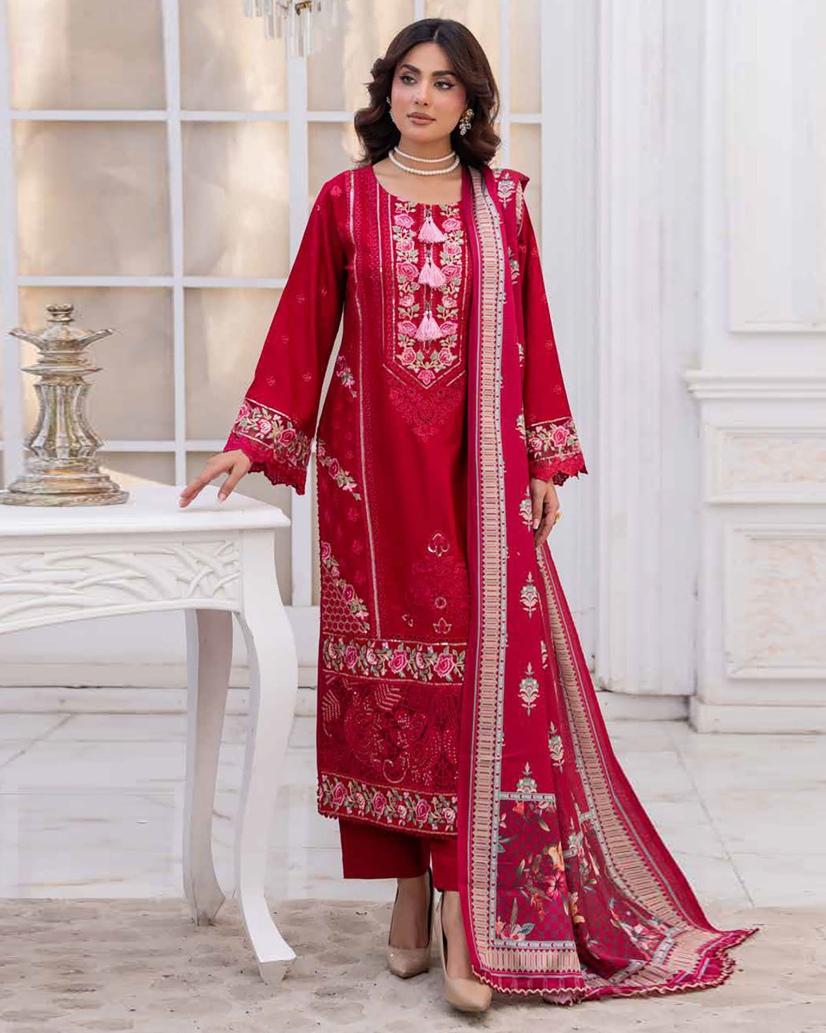 Designer Three Piece | Embroidered - Sadaf | Luxury Dhanak