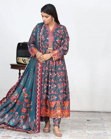 Designer Embroidered Three Piece Maxi/ Frock | Floral Printed | Bana Dora Marina