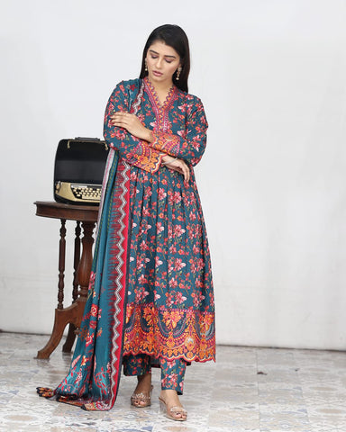 Designer Embroidered Three Piece Maxi/ Frock | Floral Printed | Bana Dora Marina