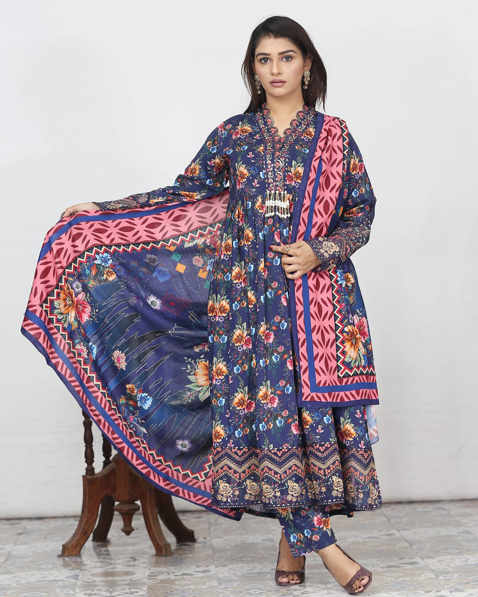 Designer Embroidered Three Piece Maxi/ Frock | Floral Printed | Bana Dora Marina