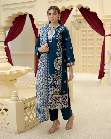 Designer Three Piece | Rangni Embroidered Series | Self Winter Cotton