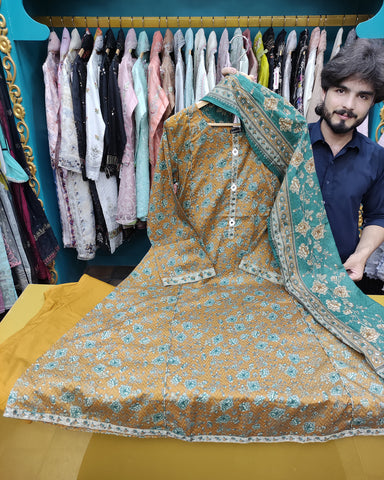 Printed Three Piece | Desginer Long Frock - Areej Casual | Premium Lawn
