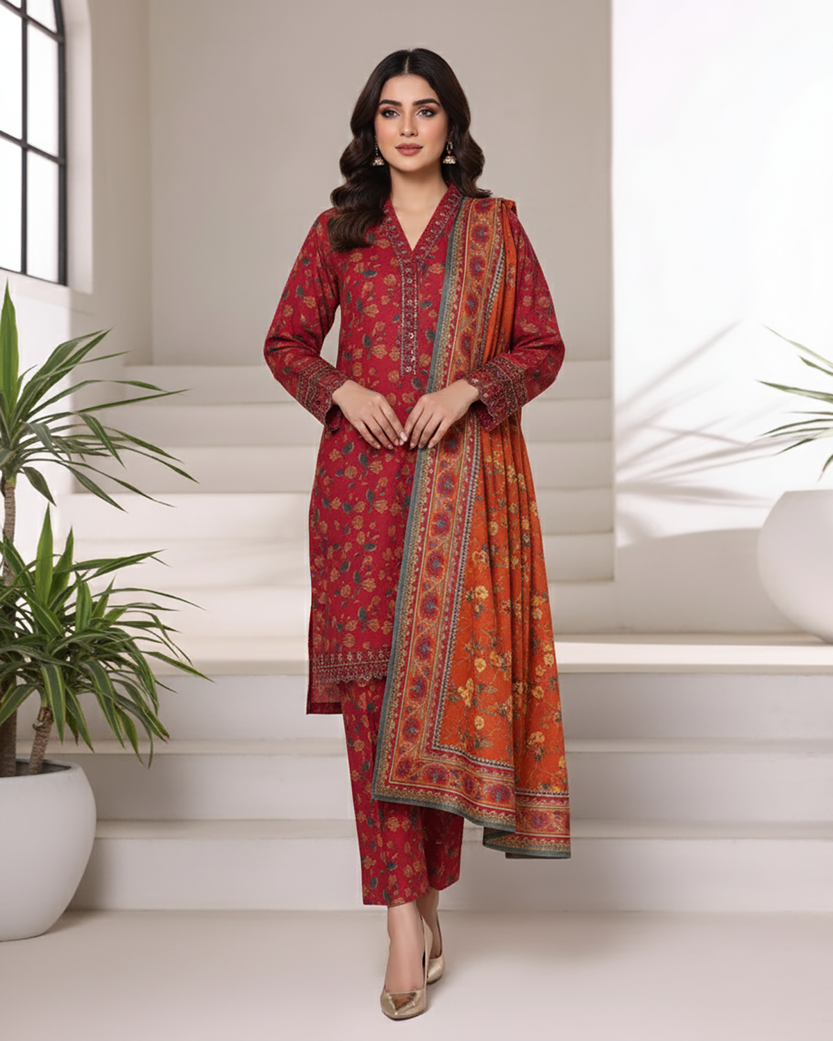 Embroidered Three Piece | Designer Printed - Malika | Winter Khaddar