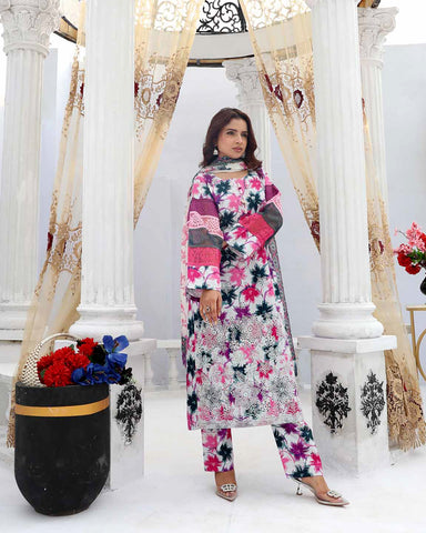 Designer Three Pieces | Embroidered Printed - RungRaiza | Winter Cambric Cotton