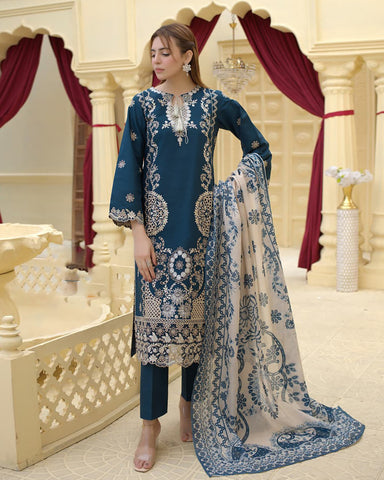 Designer Three Piece | Rangni Embroidered Series | Self Winter Cotton