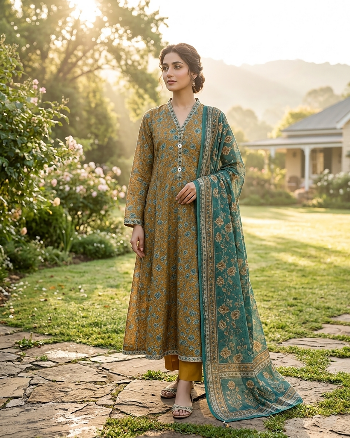 Printed Three Piece | Desginer Long Frock - Areej Casual | Premium Lawn