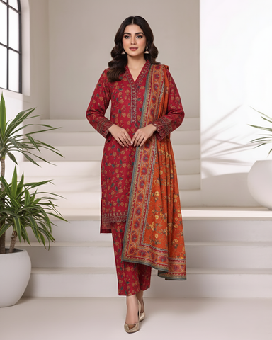 Embroidered Three Piece | Designer Printed - Malika | Winter Khaddar
