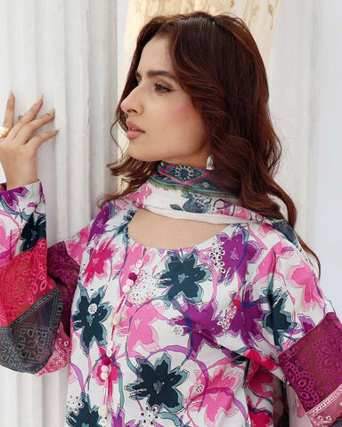 Designer Three Pieces | Embroidered Printed - RungRaiza | Winter Cambric Cotton