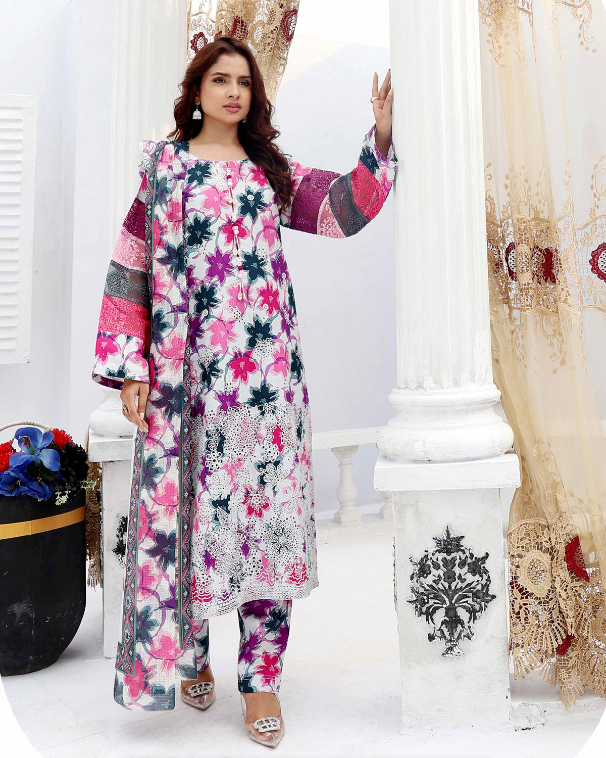 Designer Three Pieces | Embroidered Printed - RungRaiza | Winter Cambric Cotton