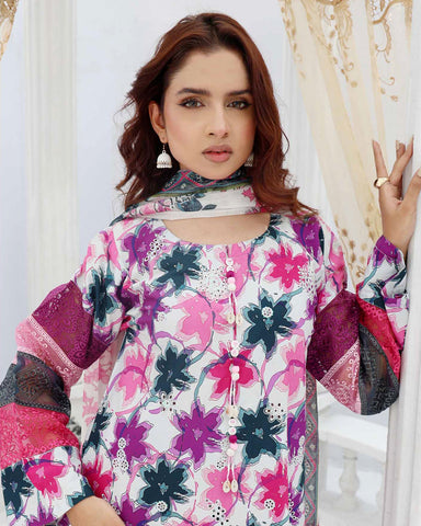 Designer Three Pieces | Embroidered Printed - RungRaiza | Winter Cambric Cotton