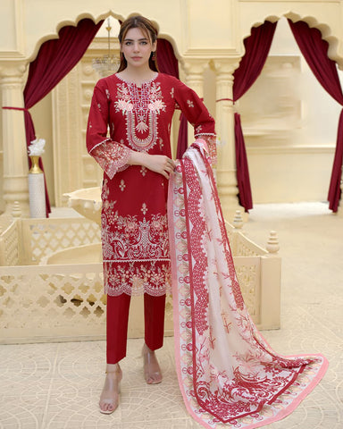 Designer Three Piece | Rangni Embroidered Series | Self Winter Cotton