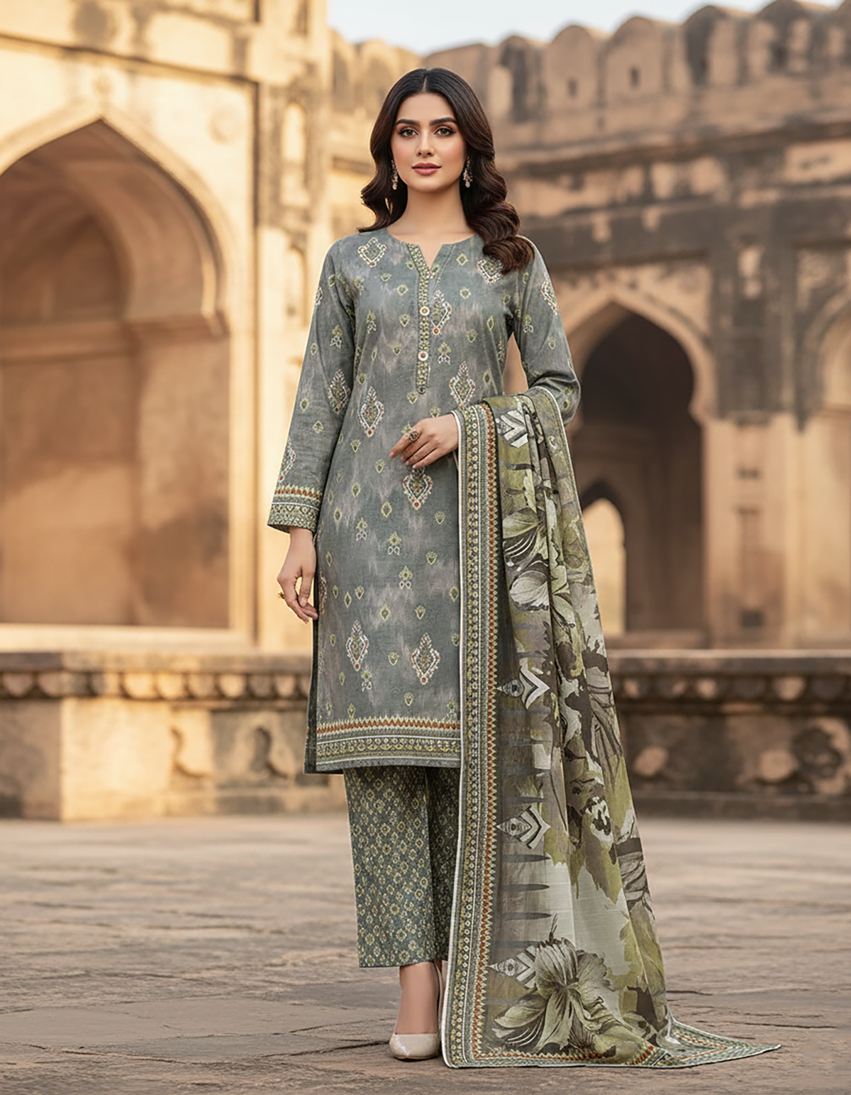 Digital Printed Three Piece | Designer "Hamna" | Soft Khaddar