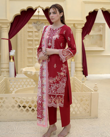 Designer Three Piece | Rangni Embroidered Series | Self Winter Cotton
