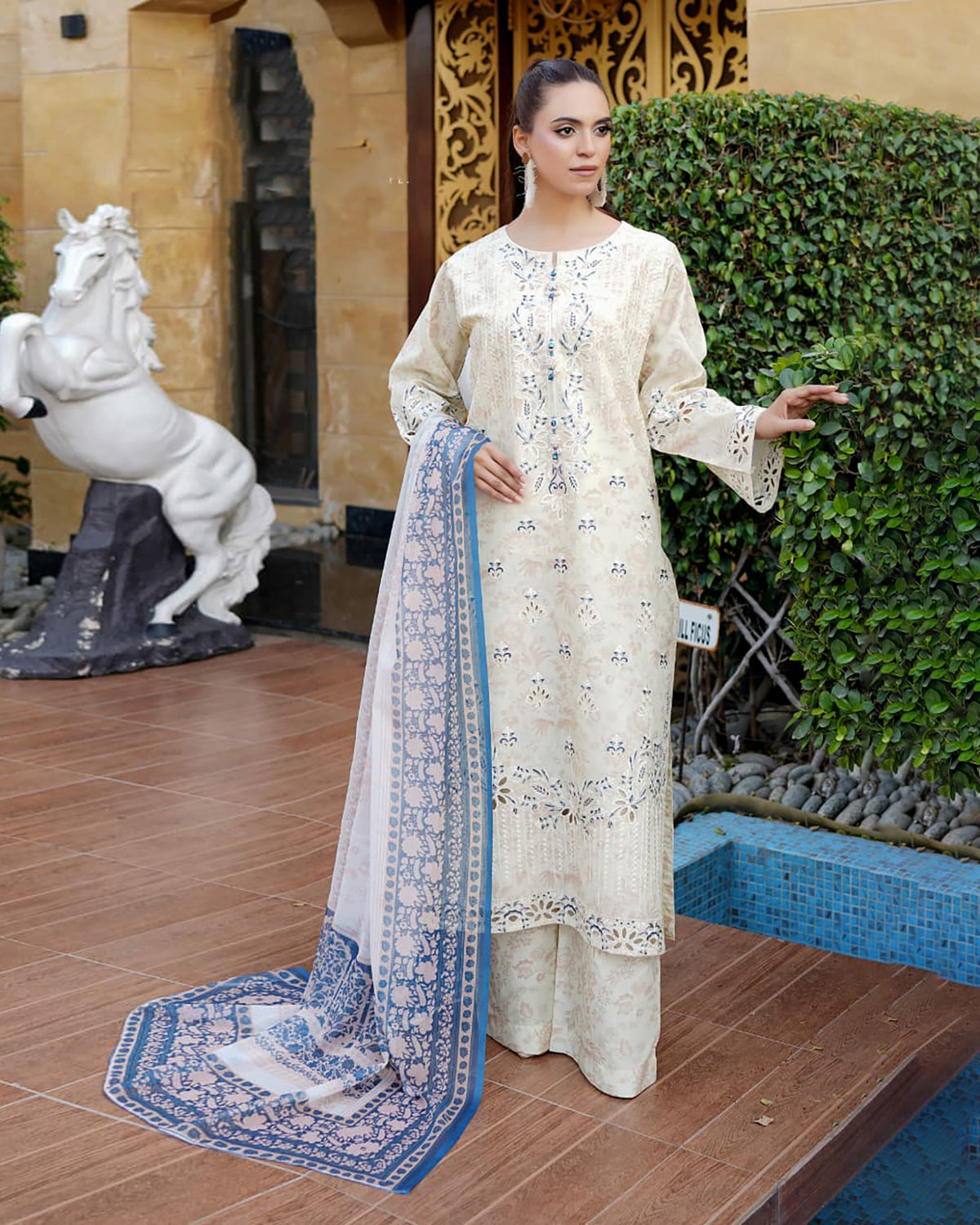 Designer Three Pieces | Embroidered-Mahay | Premium Printed Lawn