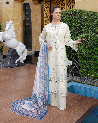 Designer Three Pieces | Embroidered-Mahay | Premium Printed Lawn