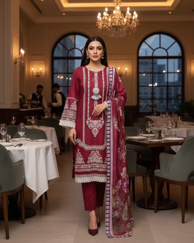 Designer Embroidered Three Piece | Anarkali | Khaddar Cotton