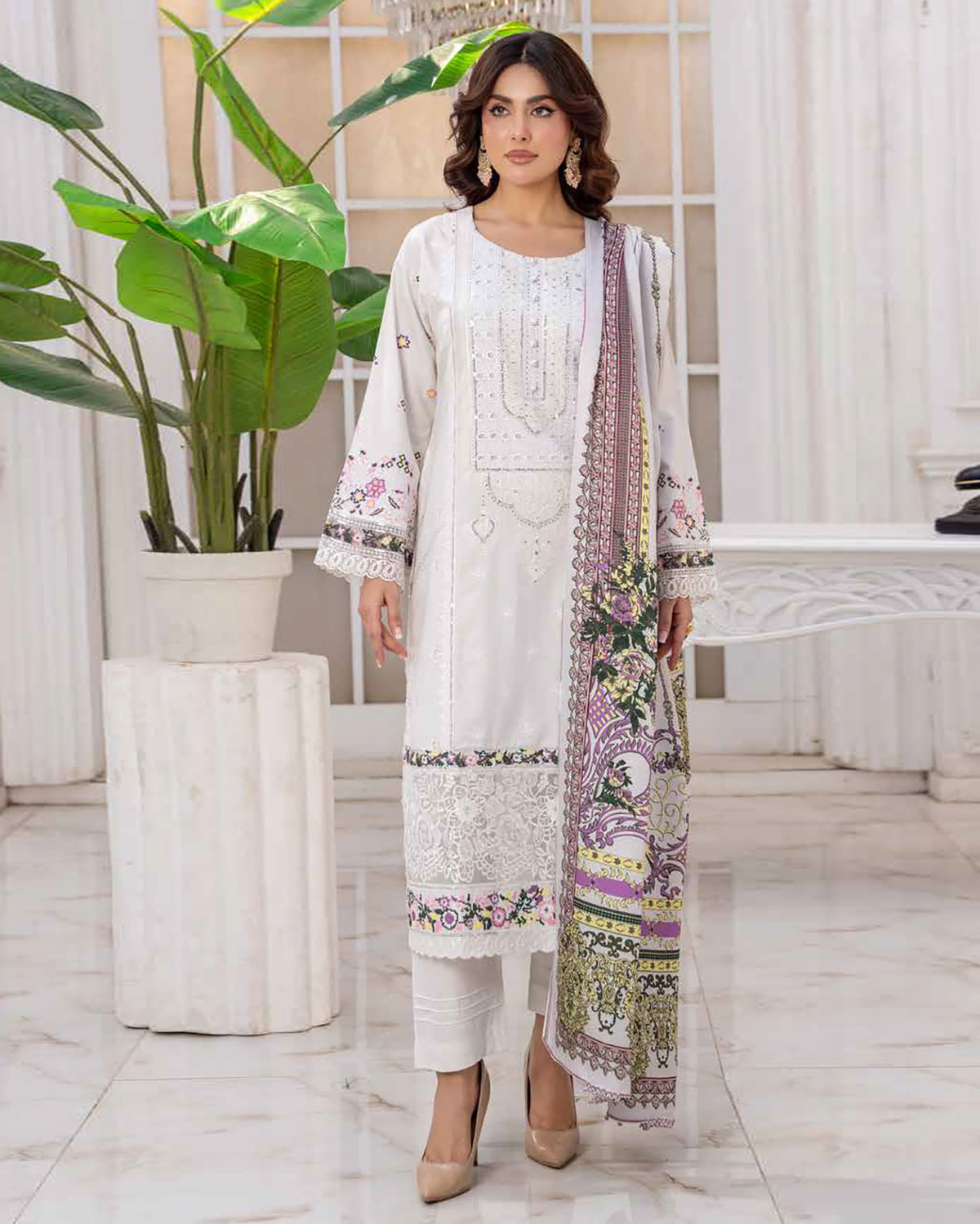 Designer Three Piece | Embroidered - Sadaf | Luxury Dhanak