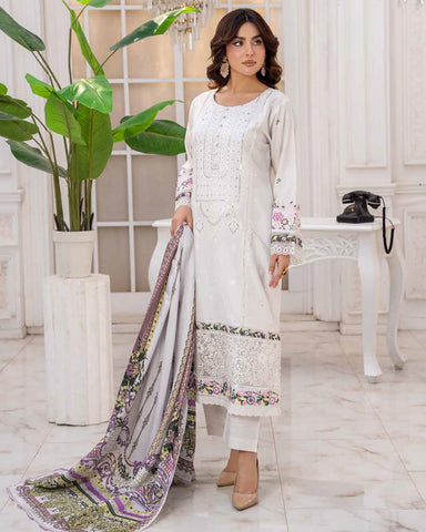 Designer Three Piece | Embroidered - Sadaf | Luxury Dhanak