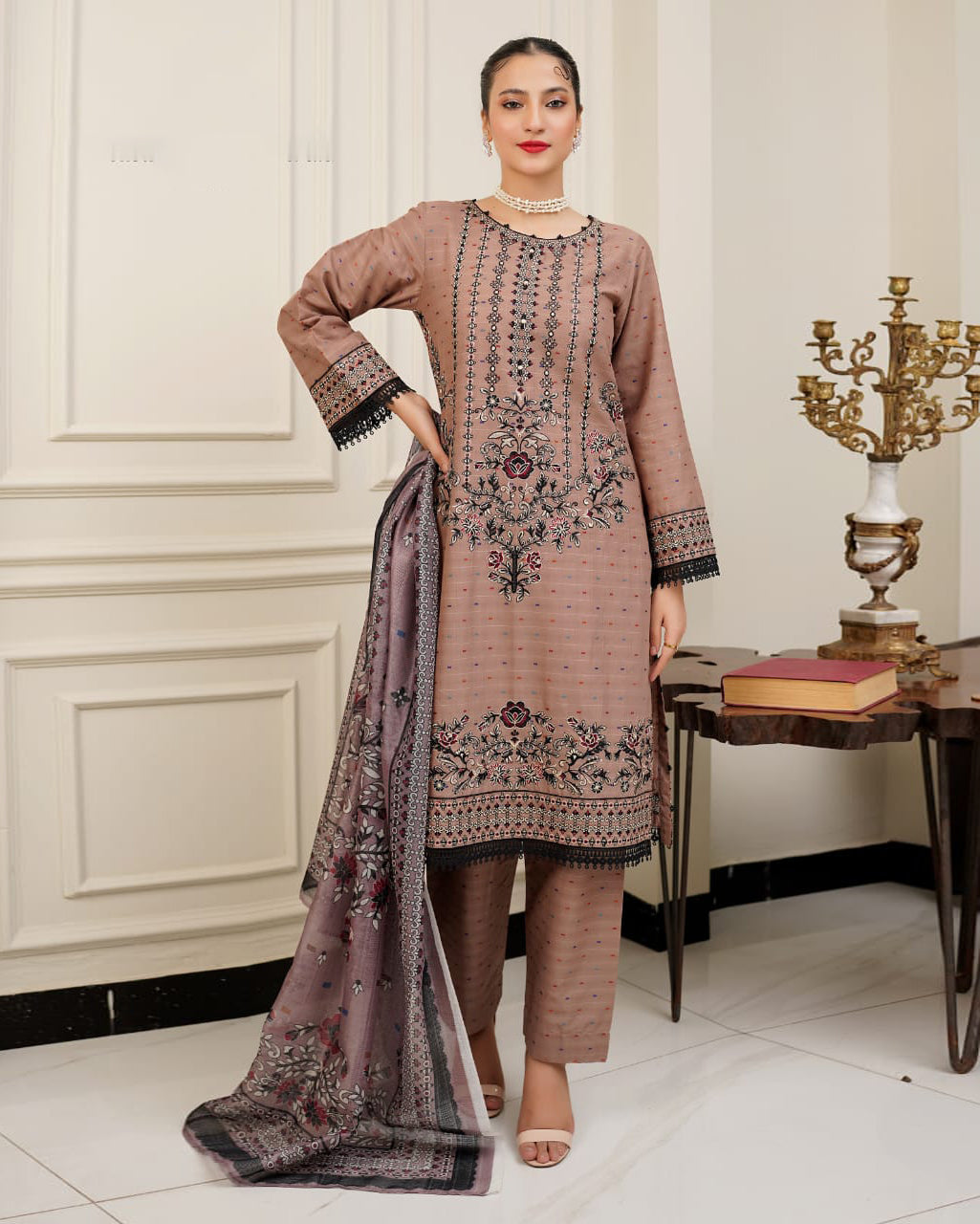 Designer Three Piece | Sequence & Hand Work Embroidered | Winter Cotton