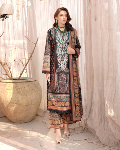 Designer Three Piece | Digital Printed Embroidered | Doria Khaddar