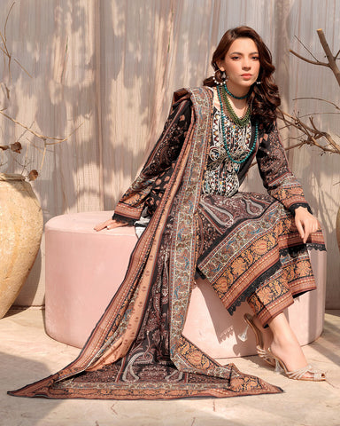 Designer Three Piece | Digital Printed Embroidered | Doria Khaddar