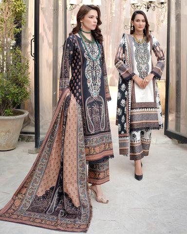 Designer Three Piece | Digital Printed Embroidered | Doria Khaddar