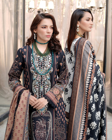 Designer Three Piece | Digital Printed Embroidered | Doria Khaddar