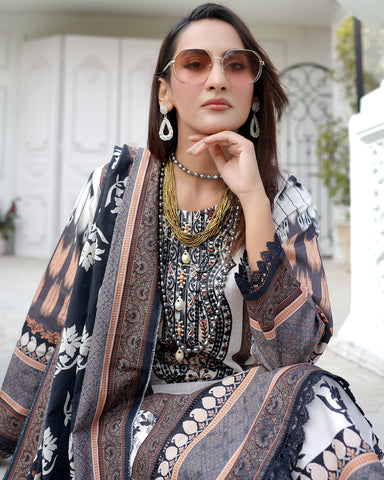 Designer Three Piece | Digital Printed Embroidered | Doria Khaddar