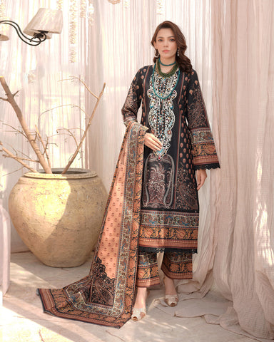 Designer Three Piece | Digital Printed Embroidered | Doria Khaddar