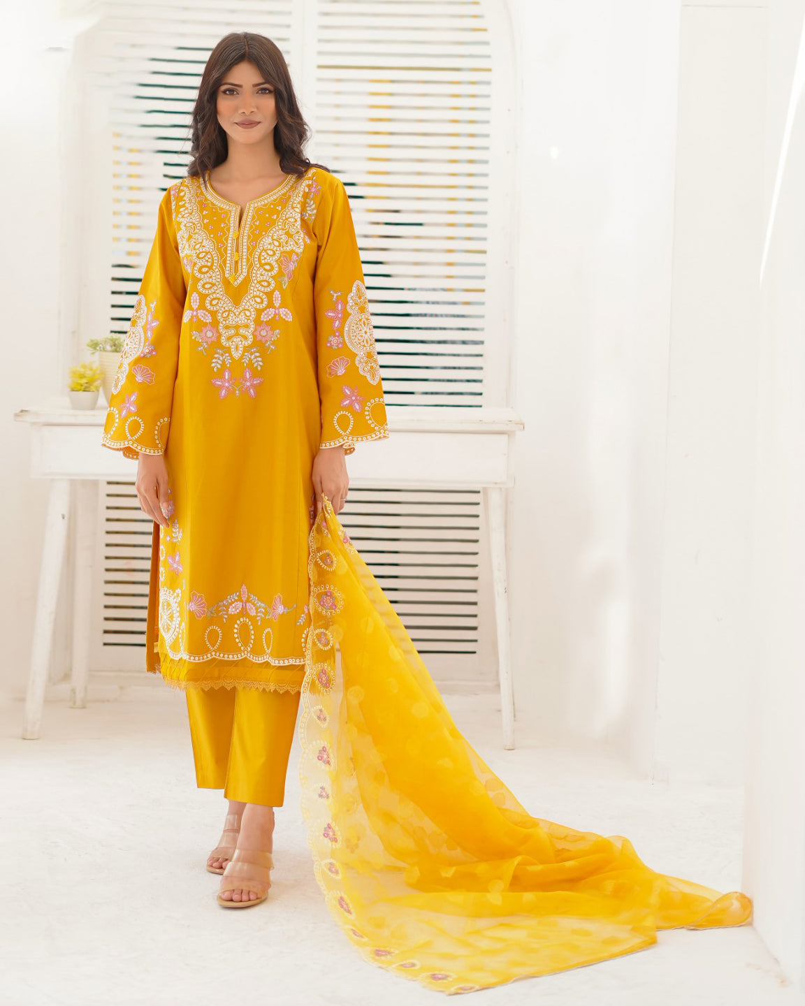 Designer Three Piece | Sequence Embroidered | Khaddar