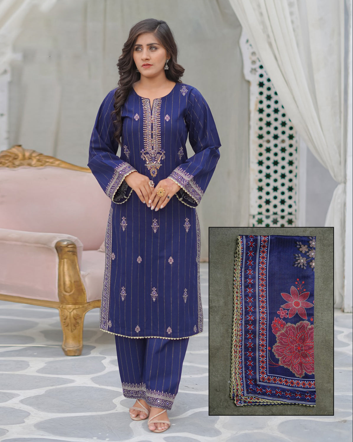 Designer Three Piece | Zarri Embroidered | Khaddar