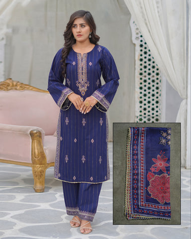 Designer Three Piece | Zarri Embroidered | Khaddar