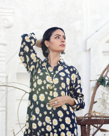 Printed Long Buttoned Down Shirt with Flappers | Stone Linen