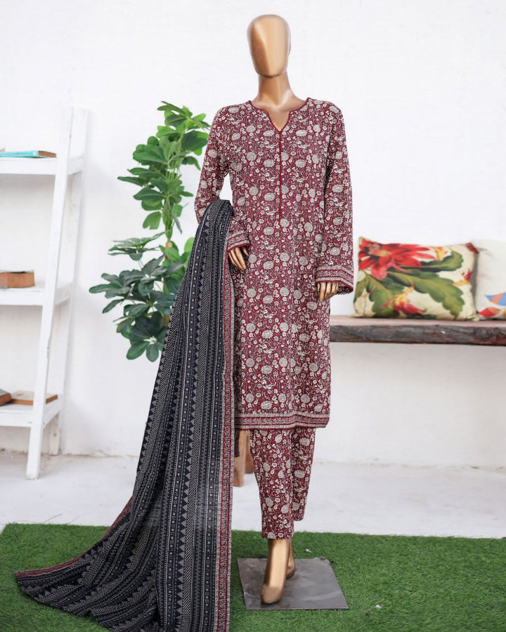 Printed Three Piece | Lace Embellishment | Khaddar