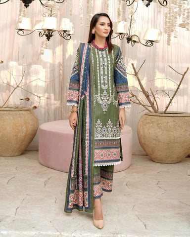 Designer Three Piece | Digital Printed Embroidered | Premium Doria Khaddar