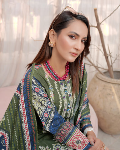 Designer Three Piece | Digital Printed Embroidered | Premium Doria Khaddar