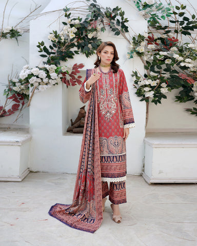 Designer Three Piece | Digital Printed Embroidered | Premium Doria Khaddar