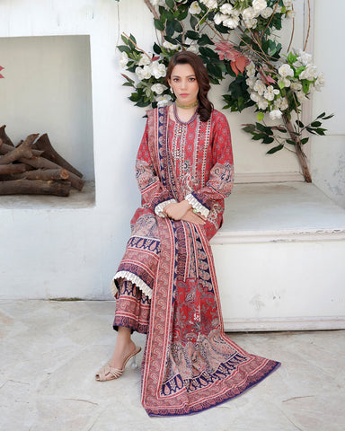 Designer Three Piece | Digital Printed Embroidered | Premium Doria Khaddar