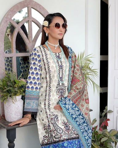 Designer Three Piece | Digital Printed Embroidered | Premium Doria Khaddar